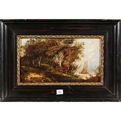 un tableau représentant un voilier dans un paysage boisé parsemé d'arbres