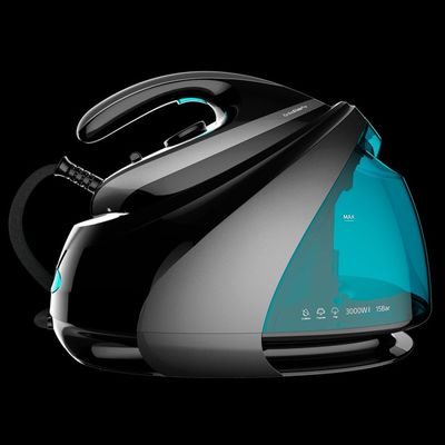 une image représentant un fer à repasser à vapeur noir et bleu sur fond noir