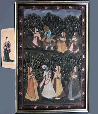 Grande peinture indienne à motif de musiciennes.