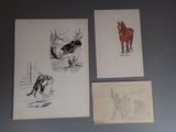 trois dessins représentant un cheval, une vache et une vache, réalisés à la plume et à l'encre
