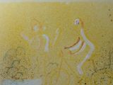 a painting of two people riding bicycles on the beach