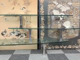 two glass shelves with birds on them on a checkered floor