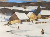a painting of people walking in the snow near a village
