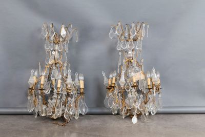 pair of crystal and brass sconces, mid 20th century