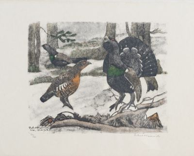 painting of a group of birds in the snow near a tree