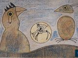 a painting of a bird and two other birds on a wall