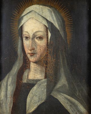 an old painting of a woman with a veil on her head