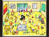 a picture of a painting of a room full of people