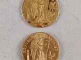 a close up of two gold coins on a white surface