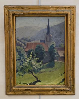 une peinture à l'huile représentant une église dans un champ verdoyant, avec un arbre au premier plan