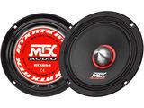 a pair of speakers with a red and black logo on the front