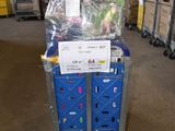 a blue crate with a sign on top of it in a warehouse