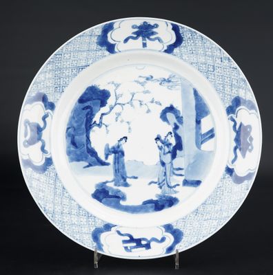 assiette bleue et blanche représentant des personnages dans un paysage