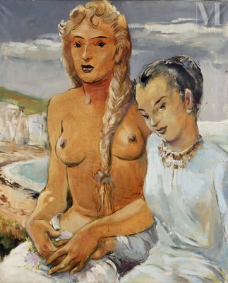 painting of a woman and a child sitting next to each other on a beach