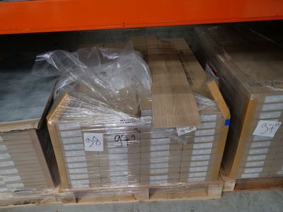 many boxes that are sitting on a pallet in the warehouse
