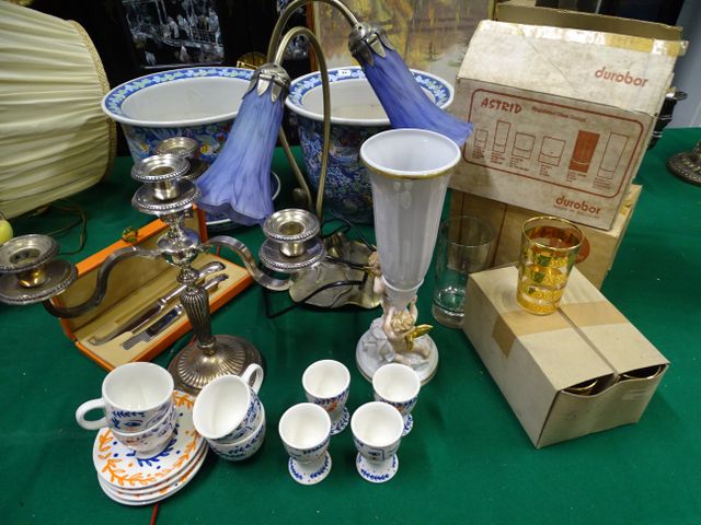 Candélabre en métal argenté à 3 branches, lampe de table à 2 tuli...