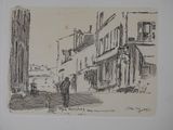 drawing of a man walking down a street past a building