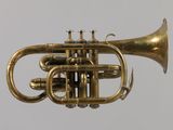 a brass trumpet that is sitting on a table