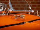 a close up of an orange car with a bird on the hood