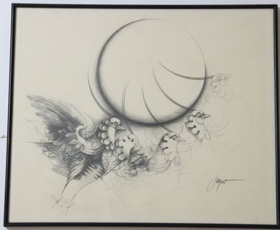 dessin représentant un groupe d'oiseaux avec une balle en arrière-plan