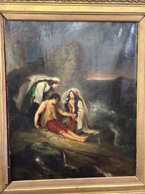 an oil painting of a group of people sitting on top of a rock