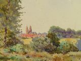 a watercolor painting of a church in the distance