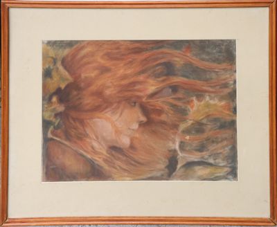 painting of a woman with long red hair and a bird in her hand