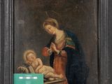 an old painting of a woman holding a baby in her lap