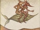 une image représentant un tableau où l'on voit deux personnes chevauchant un poisson