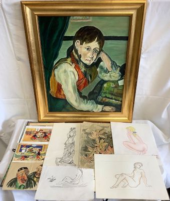 une photo d'un tableau posé sur une table recouverte de nombreux dessins