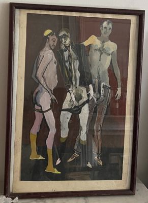tableau représentant un groupe d'hommes debout les uns à côté des autres dans une pièce