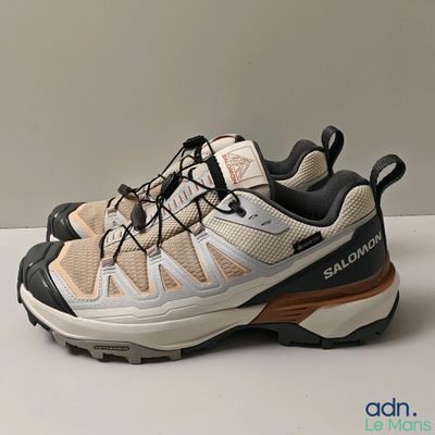 la chaussure repose sur une surface blanche et est dotée de lacets marron et noirs