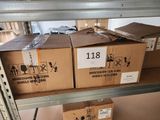 many boxes that are on a shelf in a room