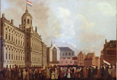 Ecole hollandaise du XIX°, Foule ne liesse sur la place de D…