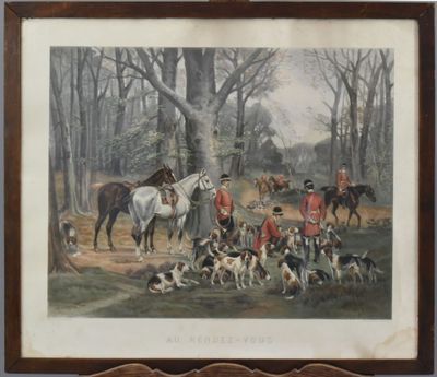 tableau représentant un groupe d'hommes à cheval accompagnés de chiens dans une zone boisée