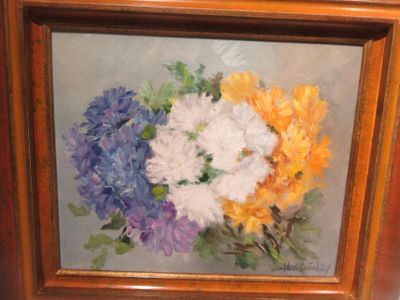 a painting of a bunch of flowers in a wooden frame