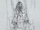 drawing of a man sitting in a chair looking out of a window