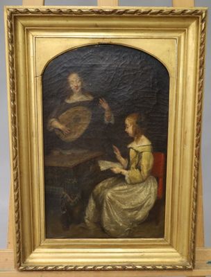 un vieux tableau représentant une femme assise à une table avec un homme jouant du luth