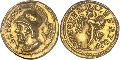 a gold coin with an image of a man holding a sword