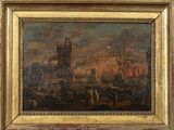 an image of a painting of a painting of a city at sunset
