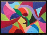 tableau représentant une peinture abstraite colorée, encadrée d'un cadre noir, accrochée au mur