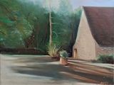 une peinture représentant une maison devant laquelle se trouve une plante en pot