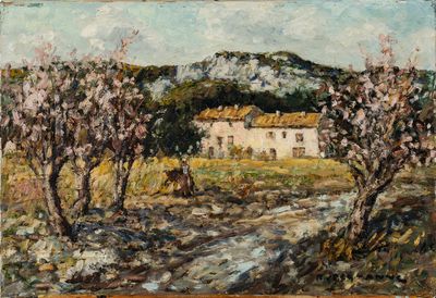 une image d'une peinture représentant une maison et des arbres dans un champ
