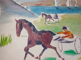 a painting of a horse pulling a cart with a man on it