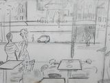sketches of a drawing of a man and a woman in a cafe