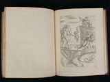 an open book with a drawing of a man on a boat