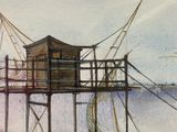 a picture of a painting of a lifeguard station on the beach