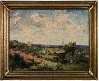 un tableau représentant un paysage avec des arbres et des buissons au premier plan