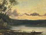 a painting of two people in a boat on the water