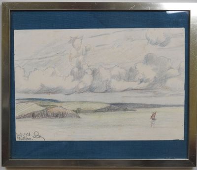 dessin représentant un voilier sur l'eau sous un ciel nuageux